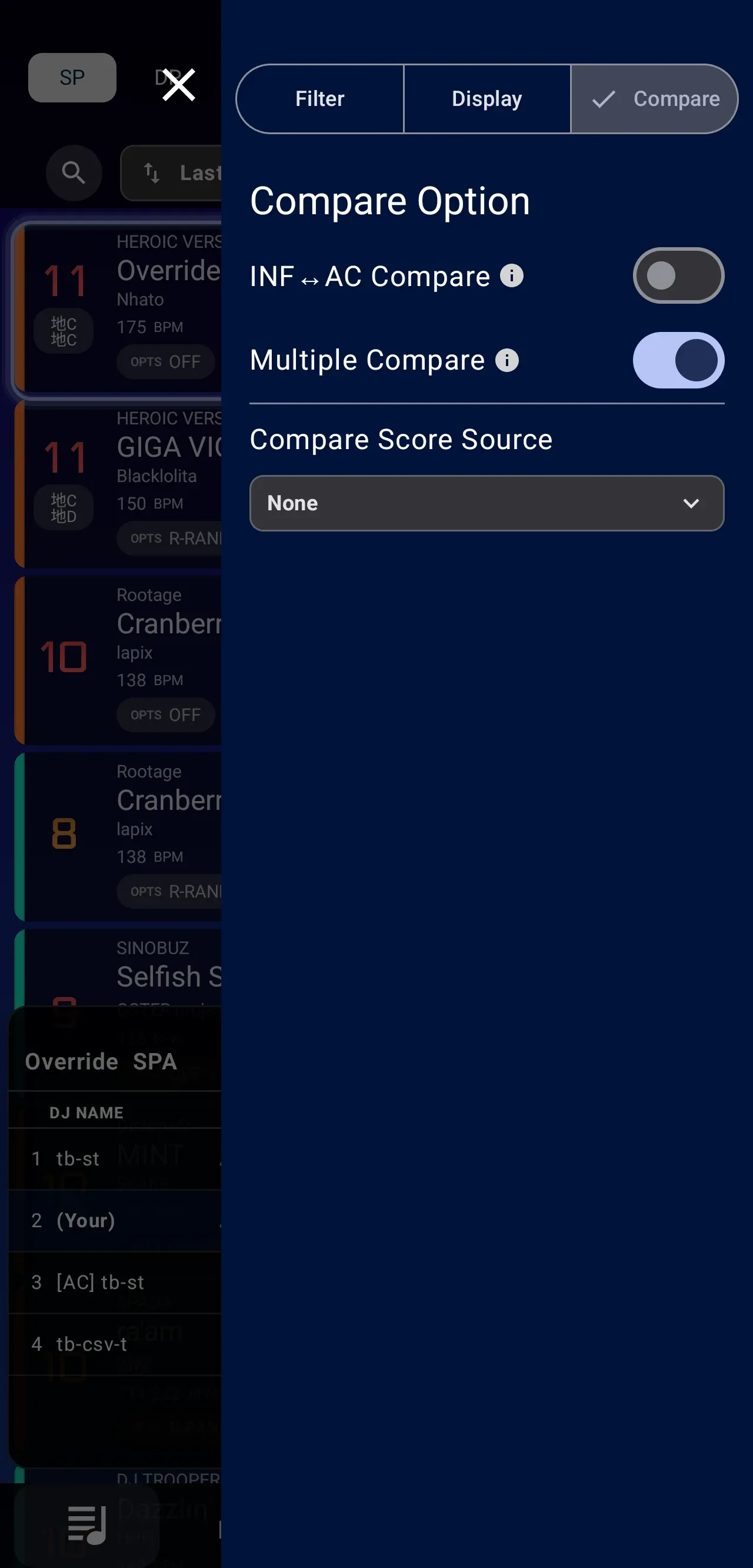 楽曲一覧のCompare OptionでMultiple Compareを有効にした画面