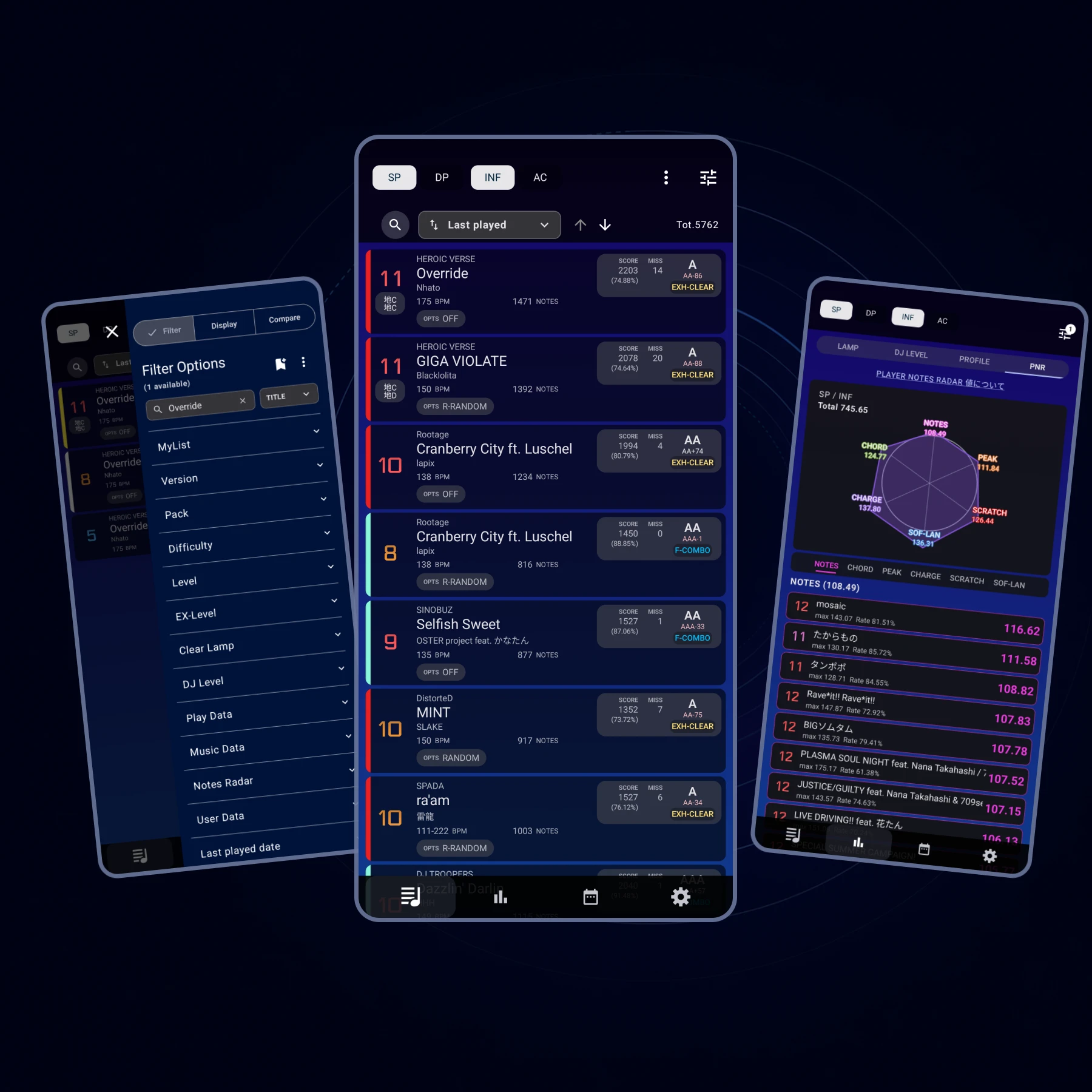 楽曲リスト、フィルター、Player Notes Radarを表示したTrackBrowserのアプリ画面
