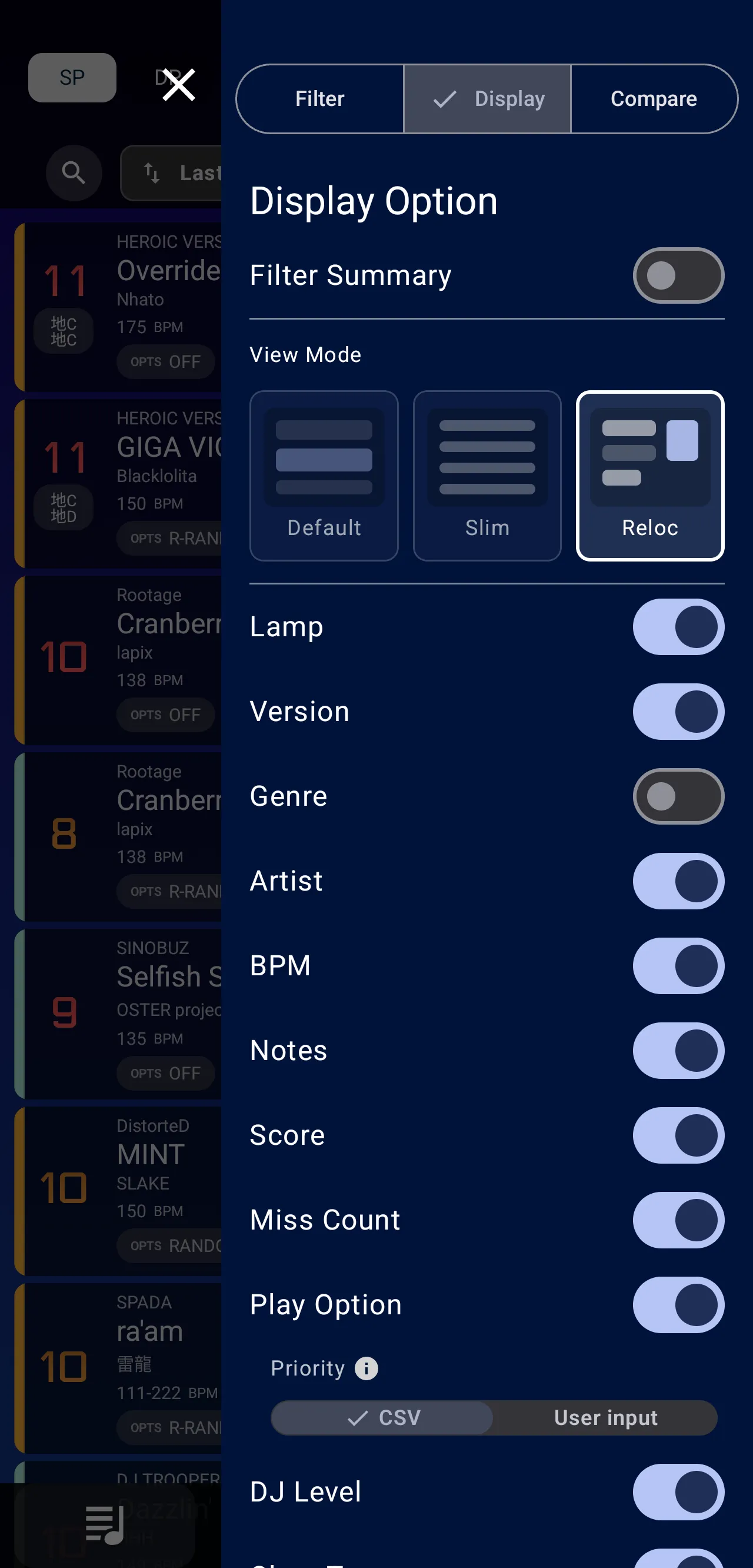 楽曲カードの表示項目を変更するDisplay Option