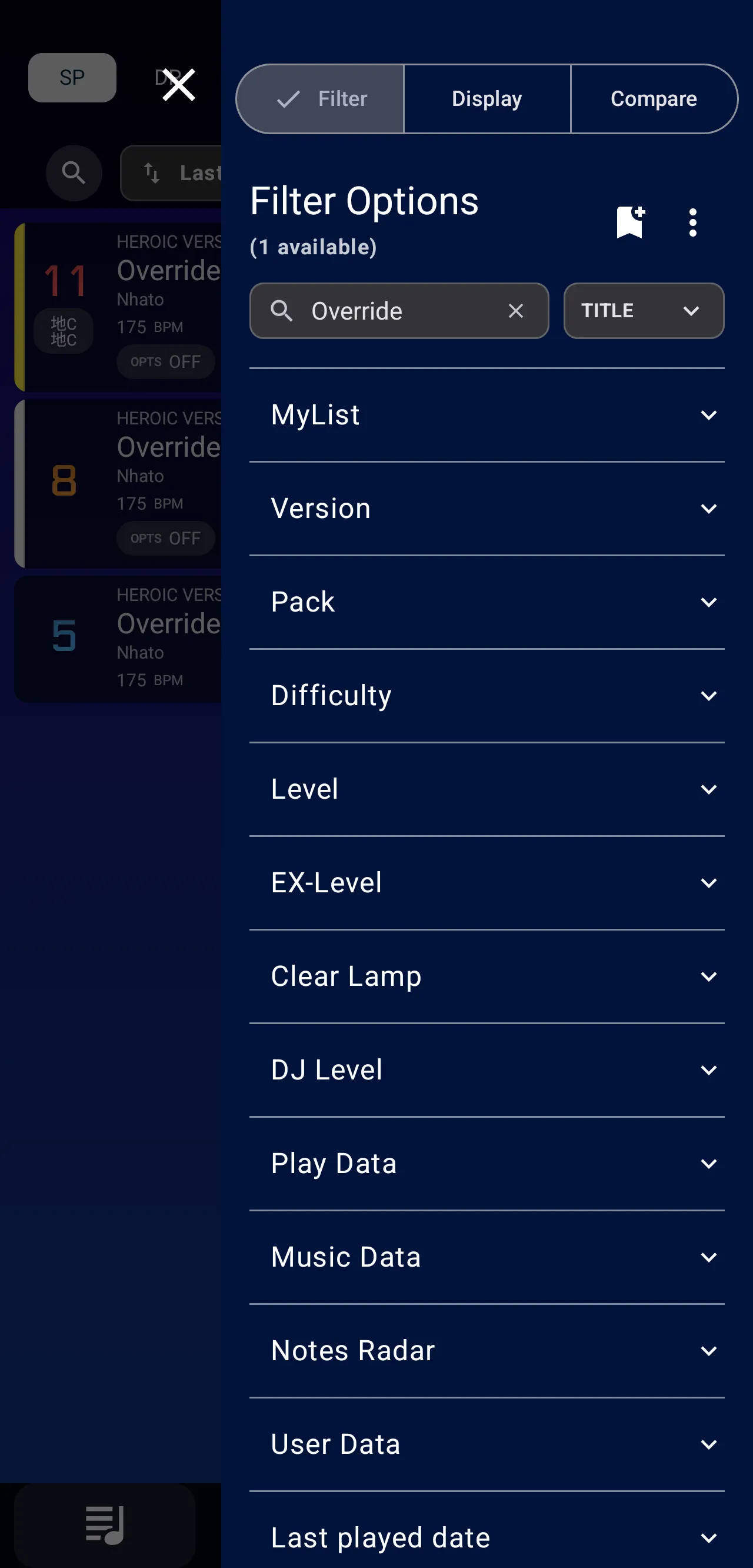 楽曲一覧のFilter Options